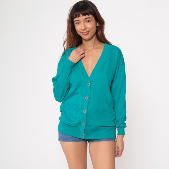 Teal Cardigan 90s Deep V Neck Button Front Vintage Slouchy Cotton Blend Aqua Turquoise Sweater Pockets Geeky Nerdy Lounge Wear Preppy Small