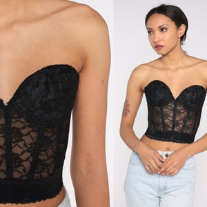 Black Lace Corset Top 90s Floral Bustier Lingerie Bra Boned Strapless Underwire Cropped Sweetheart Neckline Gothic Vintage 1990s 36 B Small