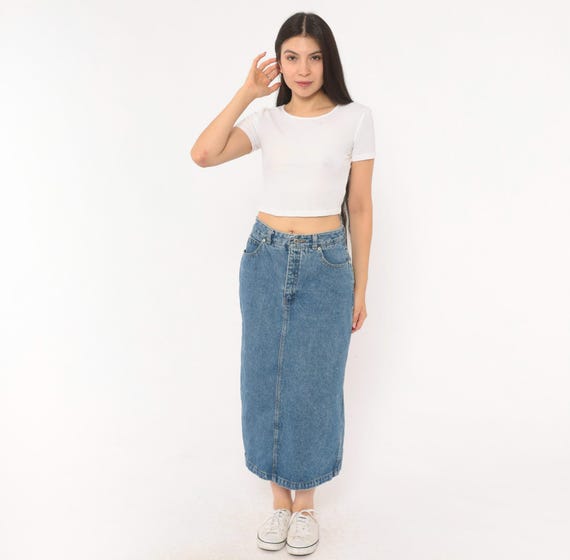 90s Jordache Denim Skirt Medium Wash Blue Jean Midi Cotton Straight Pencil Back Slit High Waist Vintage Western Country Casual Small S