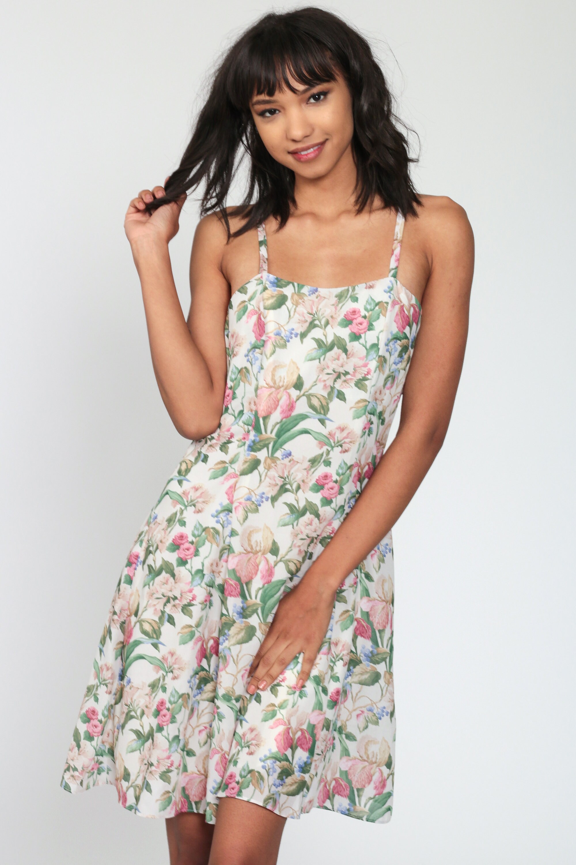 Floral Sun Dress 80s Mini Pink Print Spaghetti Strap Dress Green