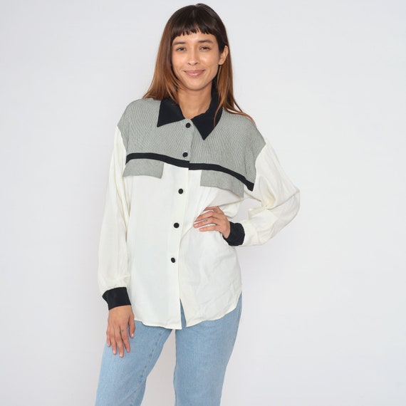 Black and White Blouse 90s Button up Shirt Gingham Checkered Print Striped Top Long Sleeve Collared Retro Preppy Boho Vintage 1990s Medium M