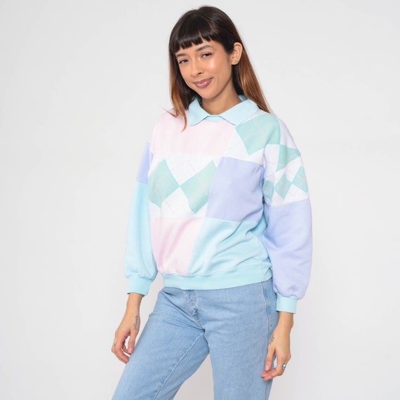 Color Block Sweatshirt 90s Pastel Argyle Checkere… - image 4