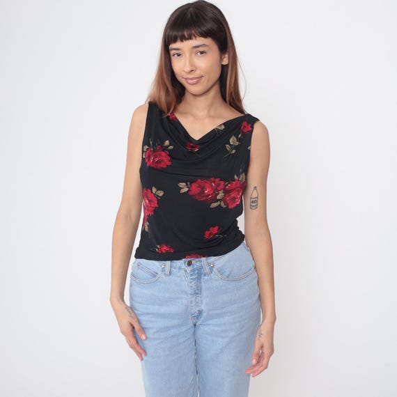 Gothic Rose Tank Top Y2K Black Red Floral Print Sleeveless Stretchy Dark Romance Soft Grunge Summer Whimsigoth Night Out Clubbing Large L 12