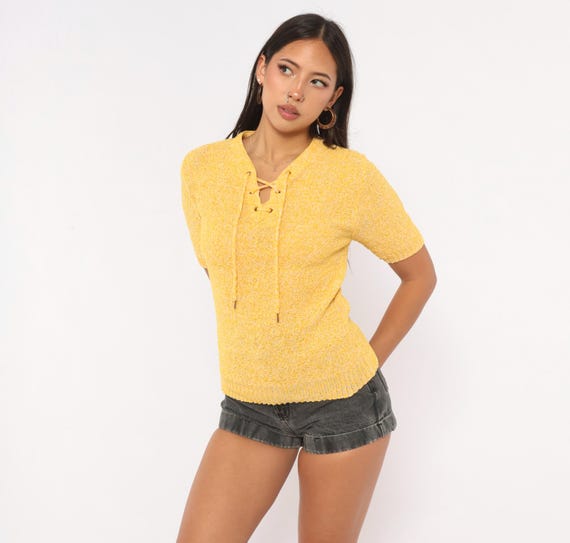 70s Lace Up Knit Top Yellow Mustard Bouclé Short Sleeve V Neck Pullover Textured Vintage Cottage Summer Spring Blouse Tee Small Medium S M