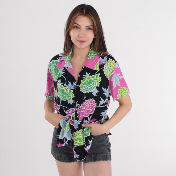 Beaded Floral Blouse Y2k Button up Shirt Black Pi… - image 3