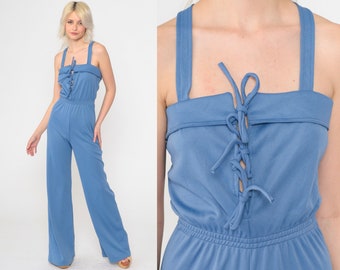 70s Jumpsuit Blue Corset Lace Up Bell Bottom Pants Wide Leg Boho Jumpsuit 1970s Bohemian One Piece Sleeveless Vintage Extra Small xs s Tall