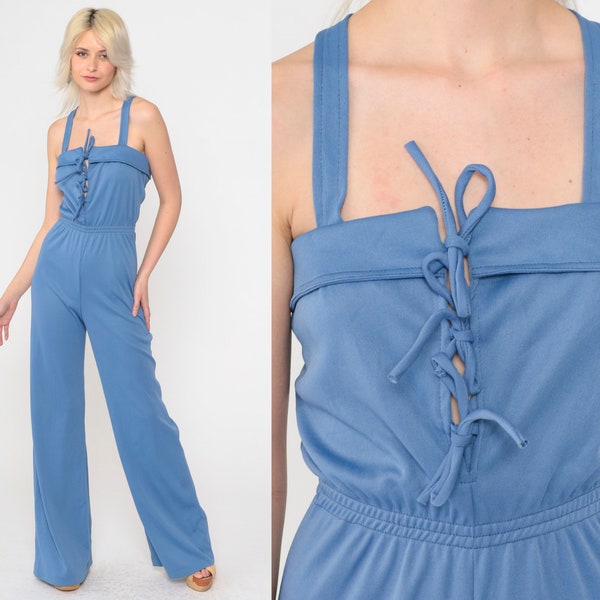 70s Jumpsuit Blue Corset Lace Up Bell Bottom Pants Wide Leg Boho Jumpsuit 1970s Bohemian One Piece Sleeveless Vintage Extra Small xs s Tall