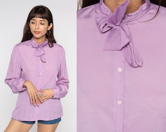 Purple Necktie Blouse 80s Lavender Ascot Bow Shirt Secretary Long Puff Sleeve Top Button Up Top Pastel Ruffle Collar Vintage 1980s Medium M