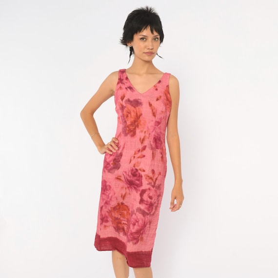 Y2K Pink Rose Floral Dress Cinnamon Girl Sleeveless V Neck Below Knee Sheath Burgundy Red Watercolor Garden Party Vintage Extra Small XS