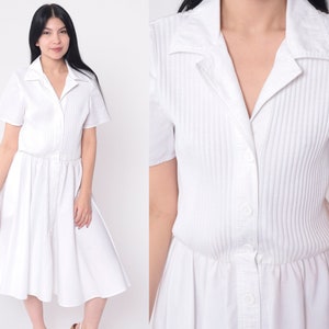 White Shirtdress 80s Button Up Dress Ribbed Knit Midi Knee Length Dress Retro Short Sleeve Elastic Waist Plain 1980s Vintage Small Medium image 1
