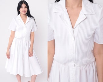 White Shirtdress 80s Button Up Dress Ribbed Knit Midi Knee Length Dress Retro Short Sleeve Elastic Waist Plain 1980s Vintage Small Medium