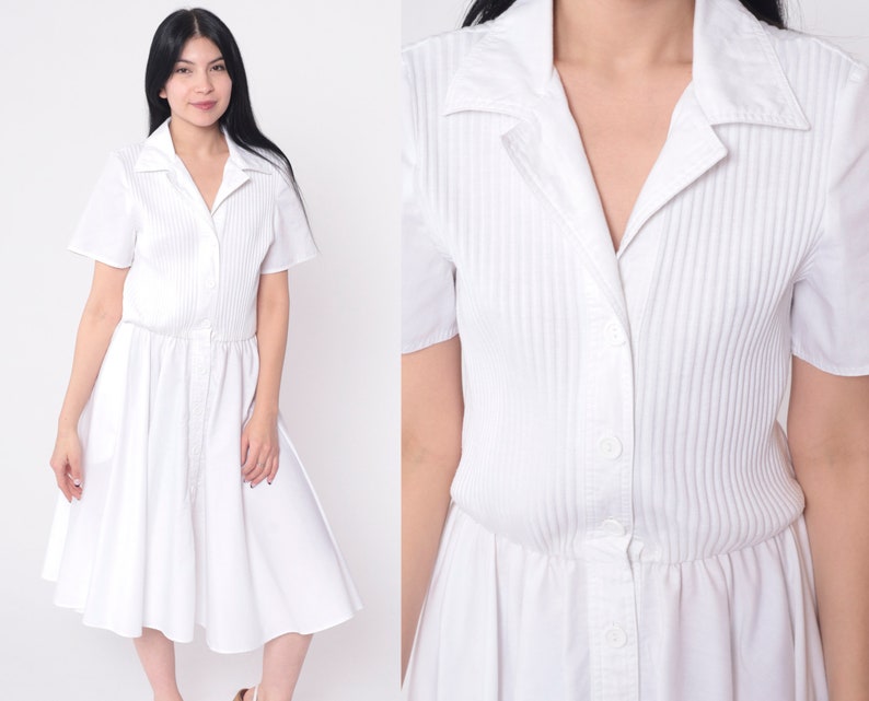 White Shirtdress 80s Button Up Dress Ribbed Knit Midi Knee Length Dress Retro Short Sleeve Elastic Waist Plain 1980s Vintage Small Medium image 1