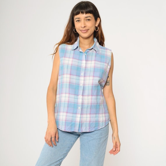 Vintage Blue Plaid Sleeveless Blouse Wrangler Blues Tank Top Button up Shirt White Checkered Retro Summer Collared Casual 1990s Large L