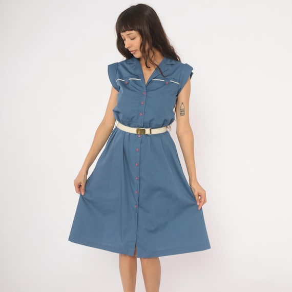 80s Slate Blue Shirtdress Button Front Cap Sleeve Notched Collar Belted Waist Cotton Pleated Skirt Nautical Style Vintage Women Small S