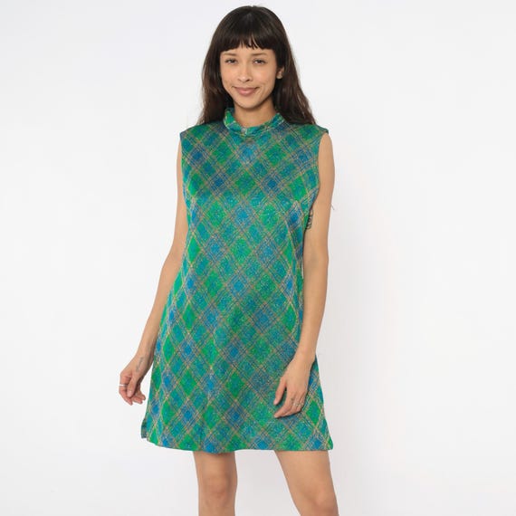 60s Metallic Plaid Dress Blue Green Gold Sparkly Mini Mock Neck Shift Mod Vintage Shimmer Diagonal Checkered Twiggy Go Go Dancer Large L