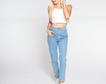 Jaren 90 jeans Paris Blues taps toelopende mom jeans hoog getailleerde taille slanke spijkerbroek retro blauw standaard effen streetwear vintage jaren 90 extra smal xs 25