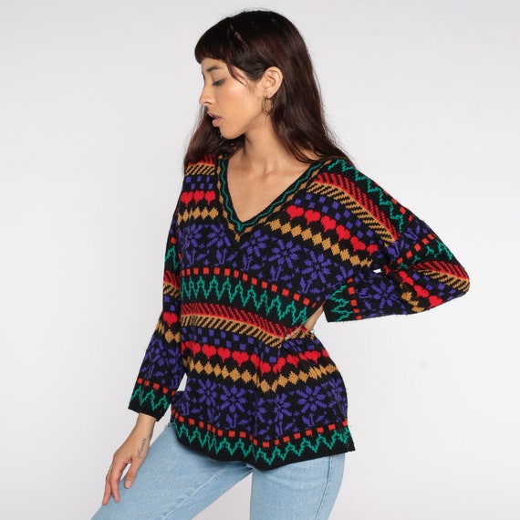 Floral Heart Sweater 80s Striped V Neck Graphic Print Acrylic Knit Slouchy 1980s Pullover Vintage Hipster Jumper Large L