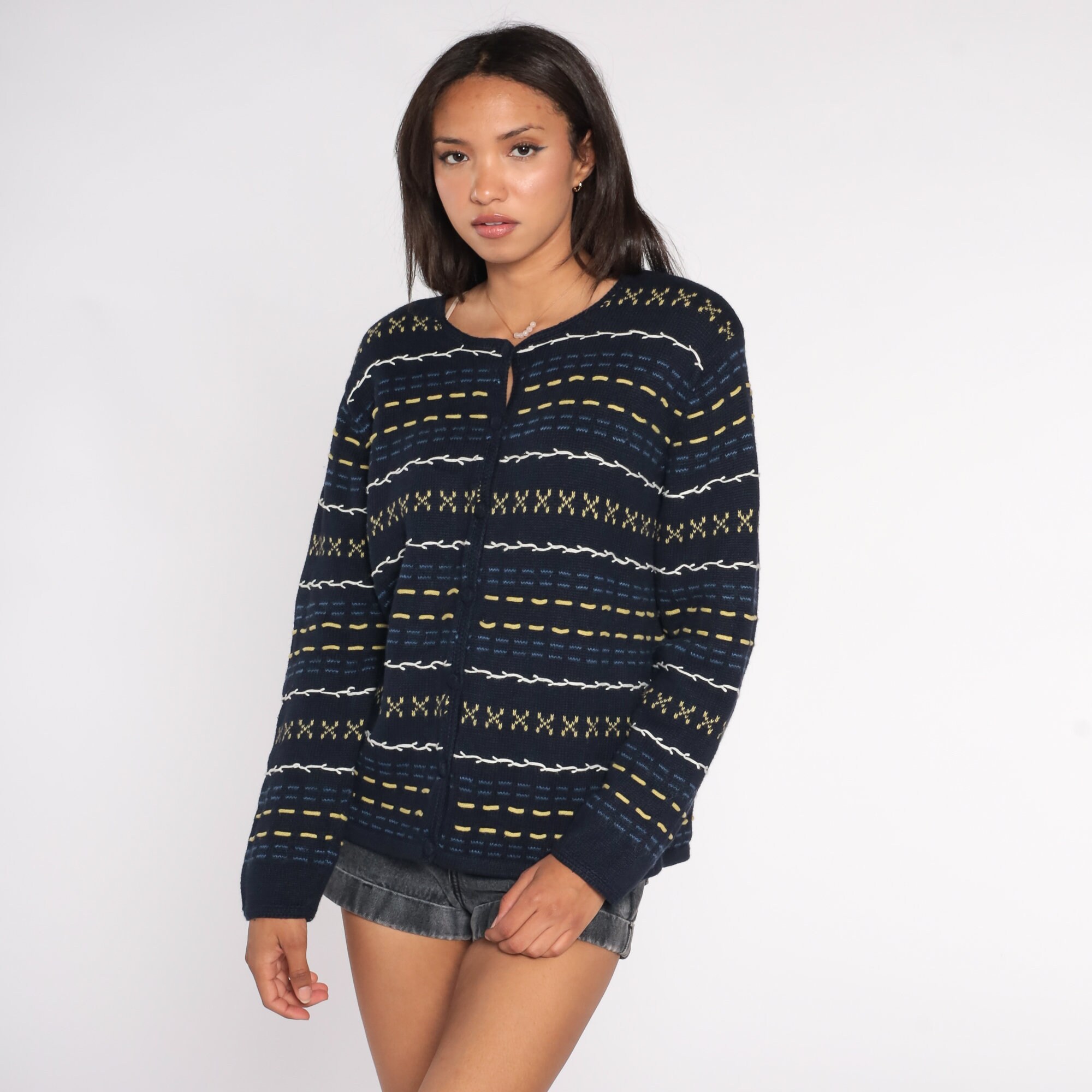 Navy Cardigan Sweater Y2k Striped Button up Knit Sweater Blue Abstract