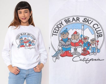 Teddy Bear Ski Club Sweatshirt 80s 90s California Skiing Graphic Winter Sweatshirt Snow Ski Sweater Kawaii Crewneck Vintage White Small