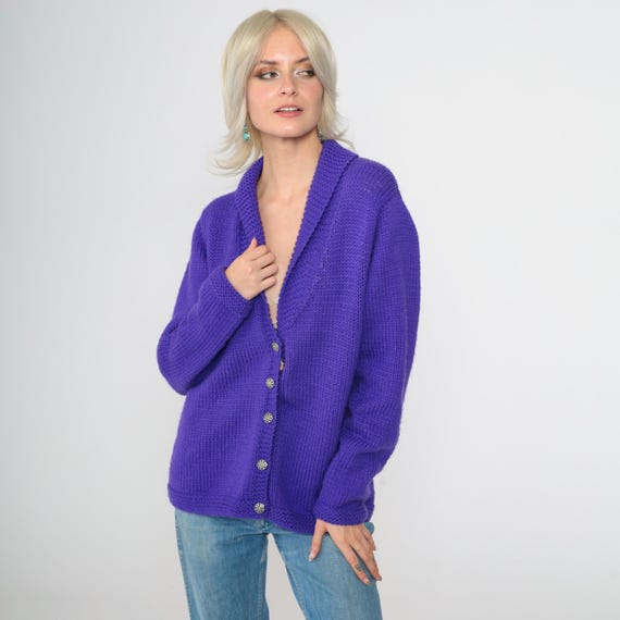 Vintage 70s Purple Cardigan Button up Knit Sweater Shawl Collar V Neck Sweater Long Sleeve Chunky Basic Plain Acrylic 1970s Medium M