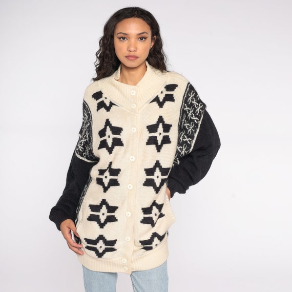 80s Knit Cardigan Nordic Off-White Fair Isle Snowflake Vintage Boho Norwegian Long Bohemian Button Up Grandpa 1980s Hippie Sweater Large L