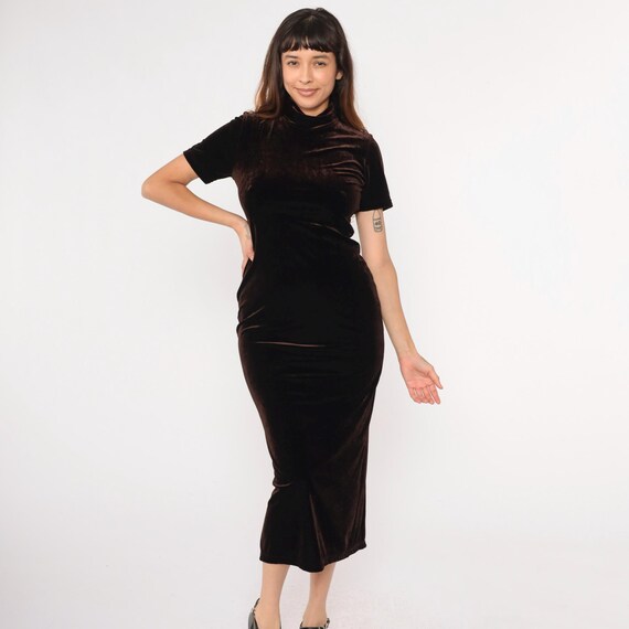 Vintage Velvet Bodycon Dress 90s Brown Party Dress Mock Neck Midi Short Sleeve Sheath 1990s Stretch Velour Cocktail Witchy Small