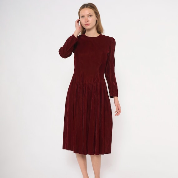 Burgundy Velvet Dress 70s Puff Sleeve Wine Cranberry Long Sleeve Southern Prairie Gothic Victorian Vintage Crimson Holiday Party Gown Small