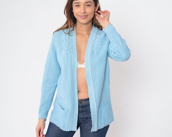 Vintage Baby Blue Cardigan 70s Knit Open Front Sweater Floral Embroidered Grandma Sweater Boho Hippie Spring Bohemian Acrylic 1970s Medium M