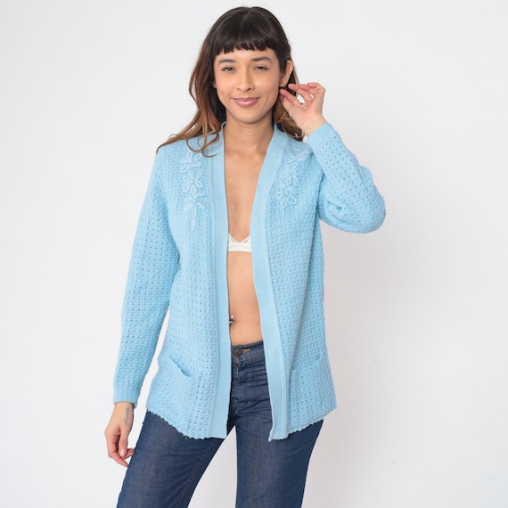 Vintage Baby Blue Cardigan 70s Knit Open Front Sweater Floral Embroidered Grandma Sweater Boho Hippie Spring Bohemian Acrylic 1970s Medium M
