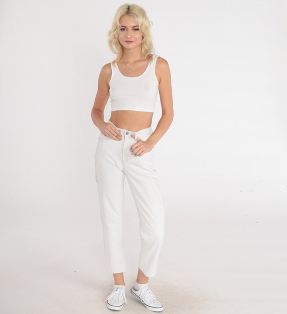 White Guess Jeans 90s Mom Jeans Ankle Length Mid Rise Slim Skinny Tapered Leg Denim Pants Retro Vintage 1990s 2xs xxs