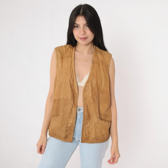 Vintage Leather Vest 80s Soft Tan Sleeveless Jacket Open Front Utility Style Petronio 1980s Boho Outdoors Layering Vest Large