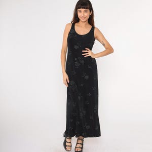 Vintage Glittery Floral Dress 90s Black Sparkly Maxi Dress Flower Print Dress Scoop Neck Sleeveless  Party Bohemian 1990s Stretchy Large L