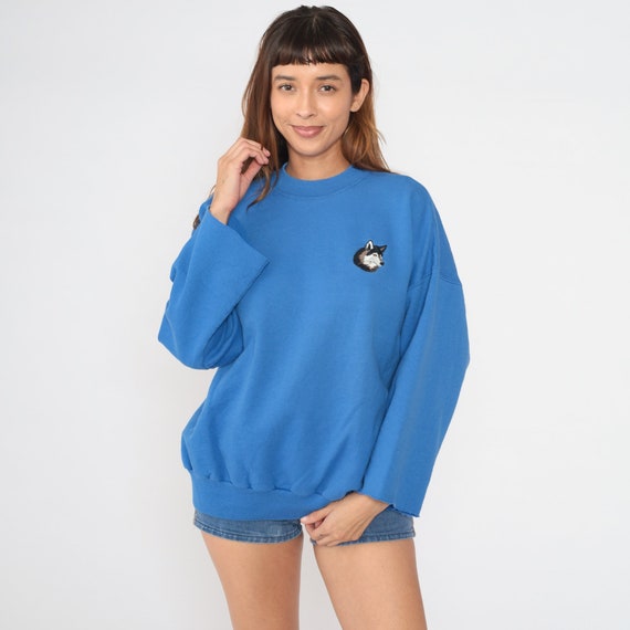 90s Wolf Sweatshirt Blue Cutoff Embroidered Animal Print Shirt Jumper Graphic Wildlife Sweater Slouch Shirt 1990s Vintage Crewneck 2xl xxl