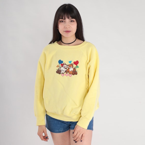 Teddy Bear Sweatshirt 80s Yellow Sweatshirt Cross Stitch Balloon Graphic Shirt Raglan Sleeve Grandma Sweater Vintage 1980s Extra Large xl