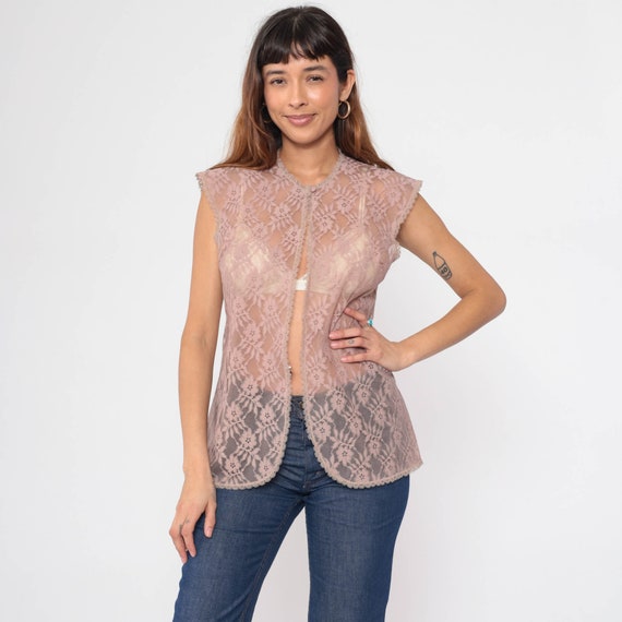 Mauve Lace Jacket Top 70s Jacket Sheer Pastel Pink Floral Cap Sleeve Open Front Shirt Retro Sexy Blouse Vintage 1970s Small S