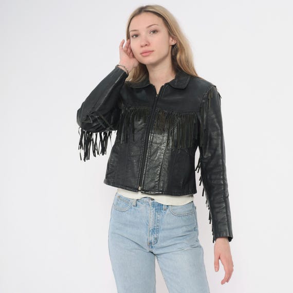 90s Black Leather Fringe Jacket Western Cropped Zip Front Biker Moto Distressed Cowgirl Grunge Vintage Jonathan Christopher Extra Small XS