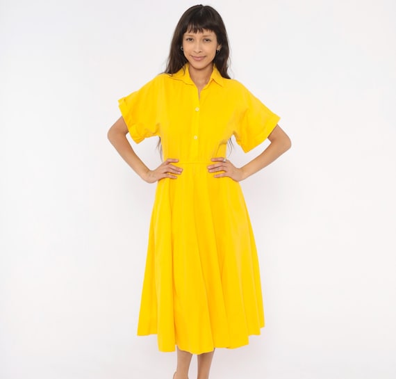 80s Yellow Shirtdress Cotton Collar Midi Fit Flare Full Skirt Short Sleeve Pockets Golden Lemon Summer Spring Bright Vintage Extra Small XS