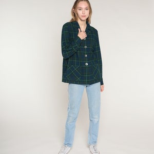 Blue Plaid Jacket Y2k Green Pendleton Wool Button Up Blazer Retro Checkered Print Collared Coat Basic Fall Collar Vintage 00s Small S image 3