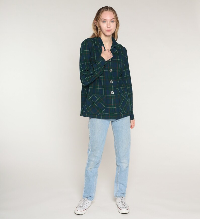 Blue Plaid Jacket Y2k Green Pendleton Wool Button Up Blazer Retro Checkered Print Collared Coat Basic Fall Collar Vintage 00s Small S image 3