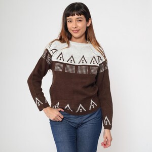 70s Geometric Sweater Vintage Brown White Color Block Pullover Knit Pullover Crewneck Raglan Sleeve Retro Acrylic Knitwear 1970s Small S