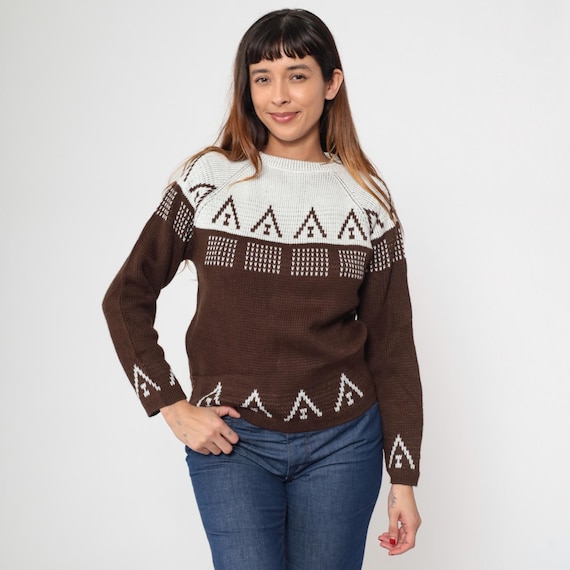 70s Geometric Sweater Vintage Brown White Color Block Pullover Knit Pullover Crewneck Raglan Sleeve Retro Acrylic Knitwear 1970s Small S