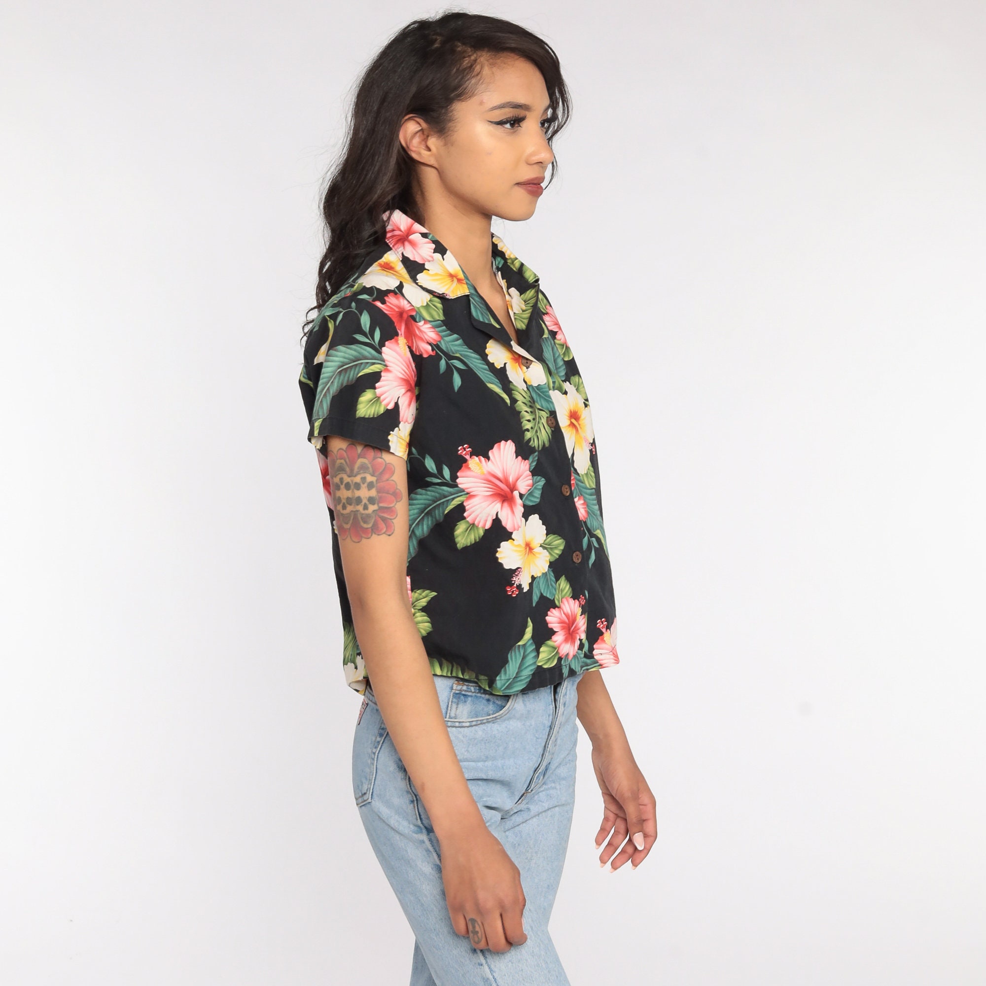 Tropical Shirt Hawaiian Shirt 80s Floral Blouse Yacht Shirt Hibiscus ...