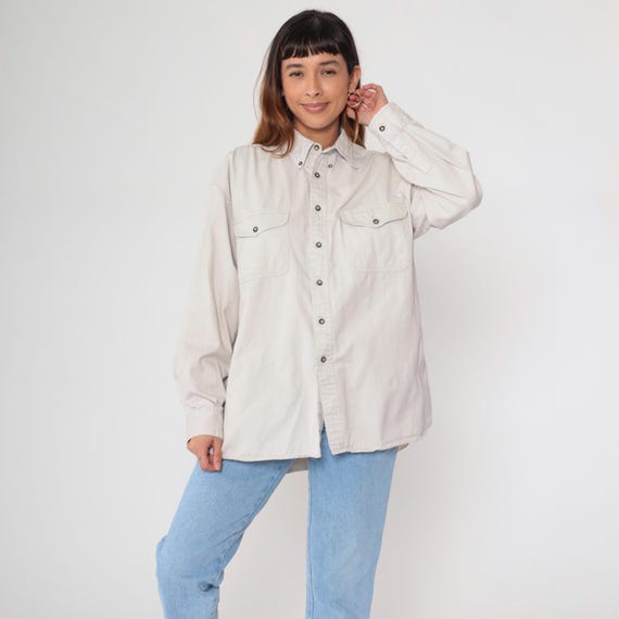 Tan Button up Shirt 90s Cotton Off White Shirt Long Sleeve Chest Pocket Plain Simple Basic Oxford Lightweight Retro Vintage 1990s Large L
