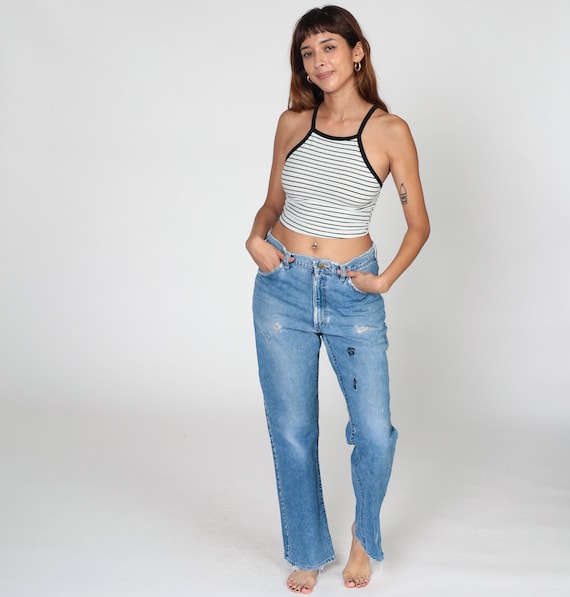 80s Lee Jeans Distressed Jeans High Waisted Rise Straight Leg Jeans Retro Ripped Worn In Denim Faded Blue Vintage 1980s Men's Medium 33