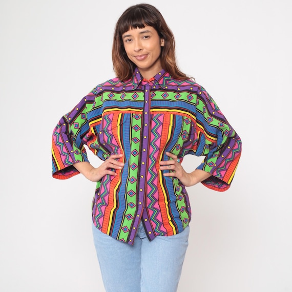 Neon Southwestern Shirt 90s Geometric Button Front Tribal Colorful Bright Green Pink Purple Orange Cotton Long Sleeve Vintage Blouse Small S