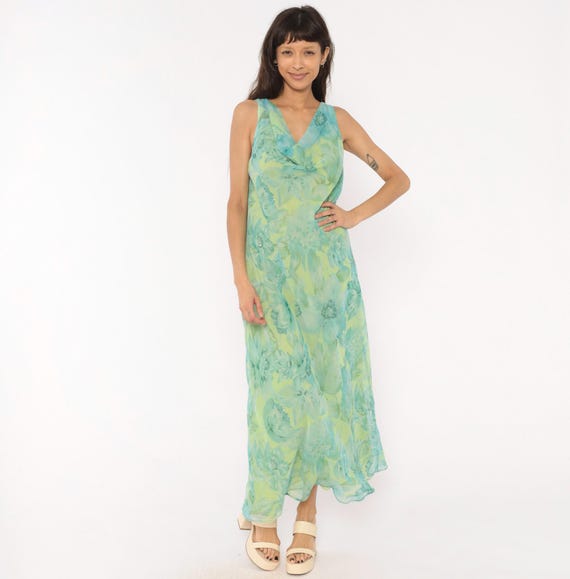 90s Floral Chiffon Maxi Dress Aqua Lime Sheer Layered Sequin V Neckline A Line Summer Garden Party Mint Green Blue Vintage Extra Large XL