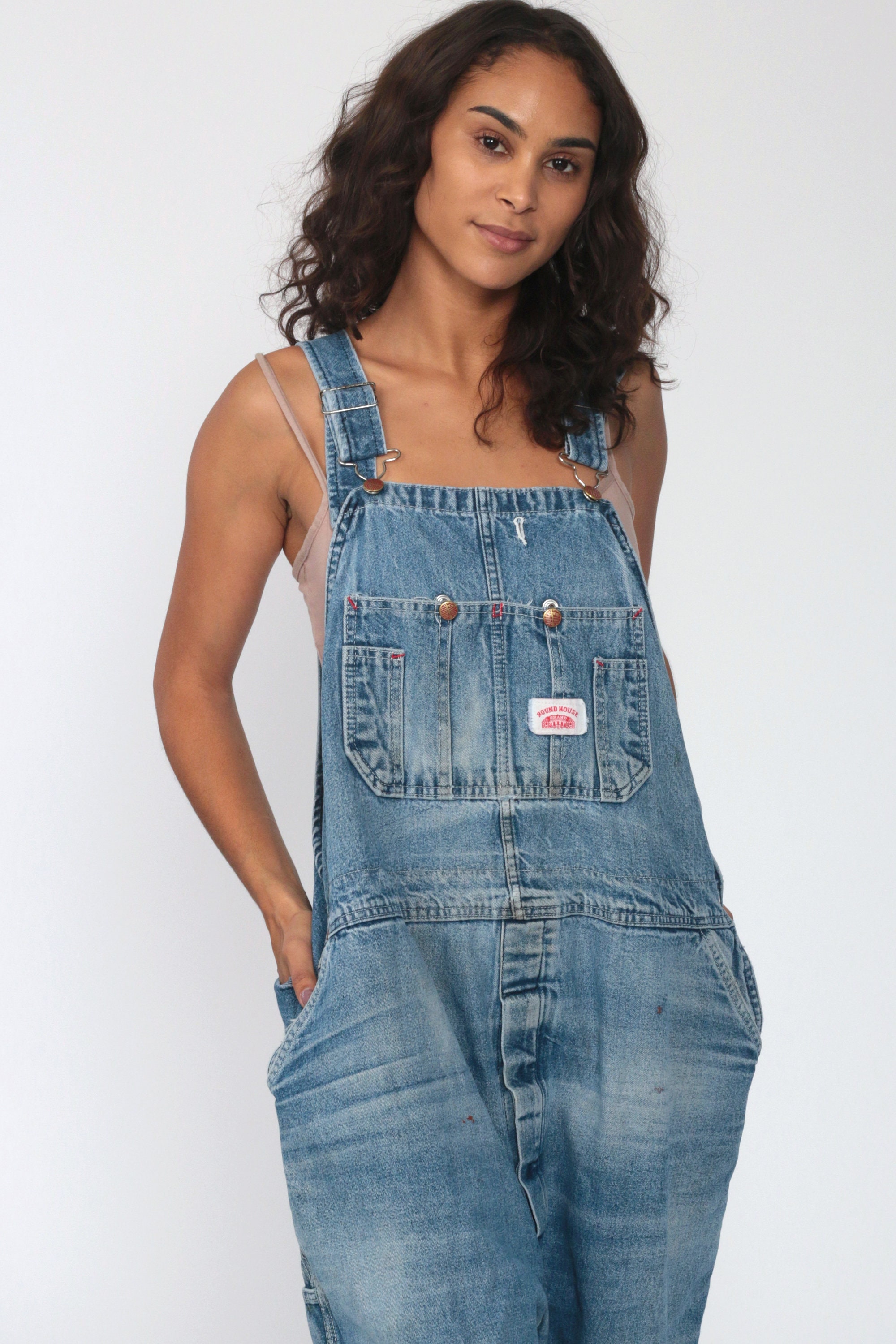 Round House Jean Overalls 90s Denim Pants Lee Baggy 1990s Dungarees Bib