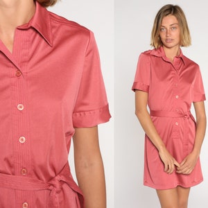 Pink Mini Dress 70s Shirtwaist Dress Retro Button Up Shift Dress Short Sleeve High Waisted Secretary Preppy Casual Vintage 1970s Medium M image 1