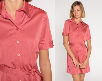 Pink Mini Dress 70s Shirtwaist Dress Retro Button Up Shift Dress Short Sleeve High Waisted Secretary Preppy Casual Vintage 1970s Medium M