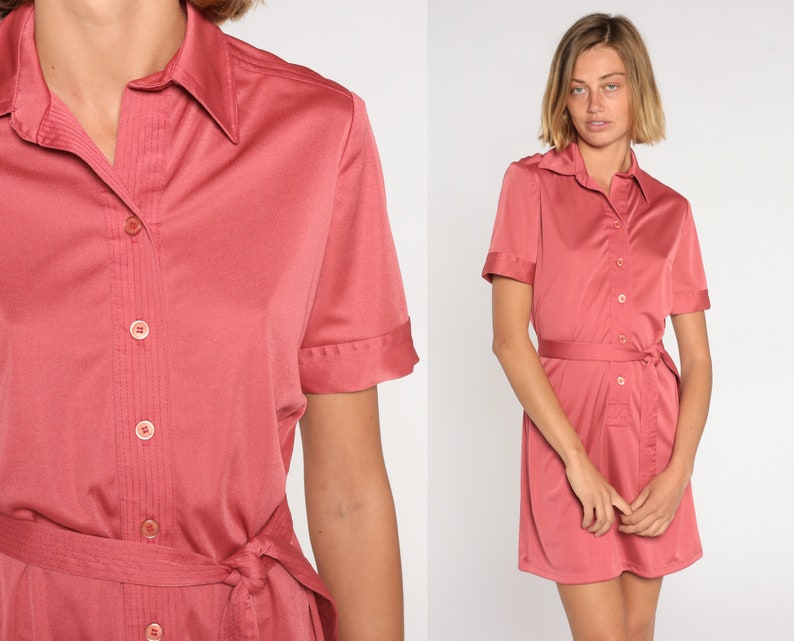 Pink Mini Dress 70s Shirtwaist Dress Retro Button Up Shift Dress Short Sleeve High Waisted Secretary Preppy Casual Vintage 1970s Medium M image 1